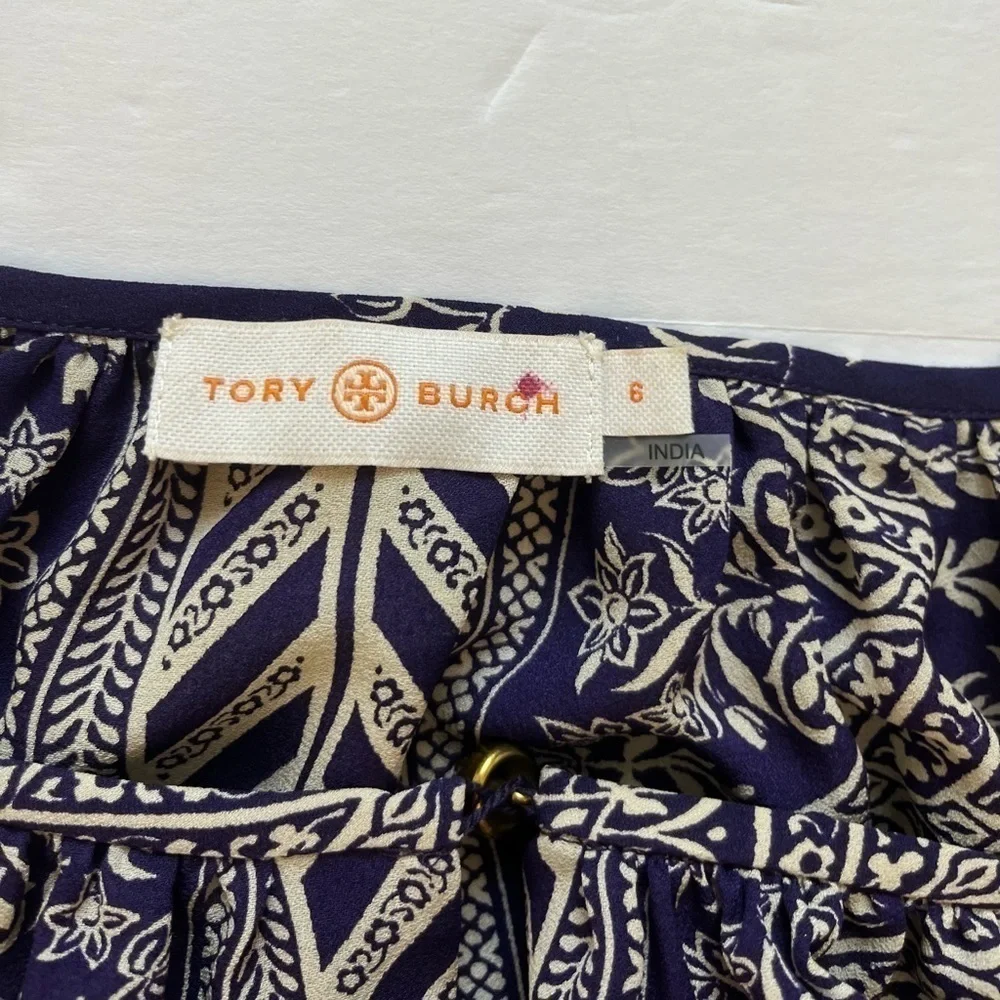 Tory Burch Silk Printed Blouse Navy Off White Size 6 Long Sleeve